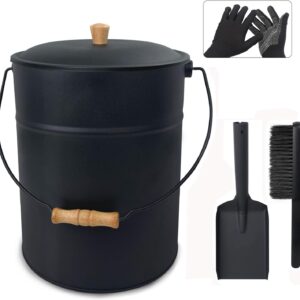 Poofzy. cubeta de ceniza con tapa y pala, cubeta de chimenea de 4 galones para cenizas, cubeta de metal incluye escoba de mano y guantes para hoguera, estufa de leña y parrilla, 10 pulgadas (ID) x 12.