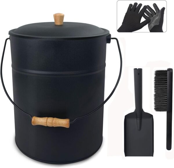 cubeta de ceniza con tapa y pala, cubeta de chimenea de 4 galones para cenizas, cubeta de metal incluye escoba de mano y guantes para hoguera, estufa de leña y parrilla, 10 pulgadas (ID) x 12.