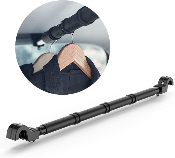 Percha para ropa de coche, barra extensible con agarre de metal y goma, ideal para viajes o reuniones importantes.