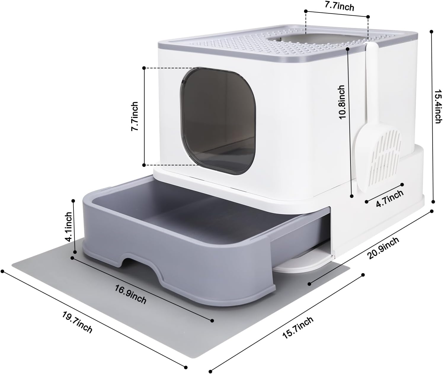 RIZZARI. Caja de arena plegable para gatos, caja de arena grande de entrada superior con tapa, caja de arena cerrada para gatos con cuchara, cajón tipo inodoro para gatos pequeños y grandes (blanco). - Image 2