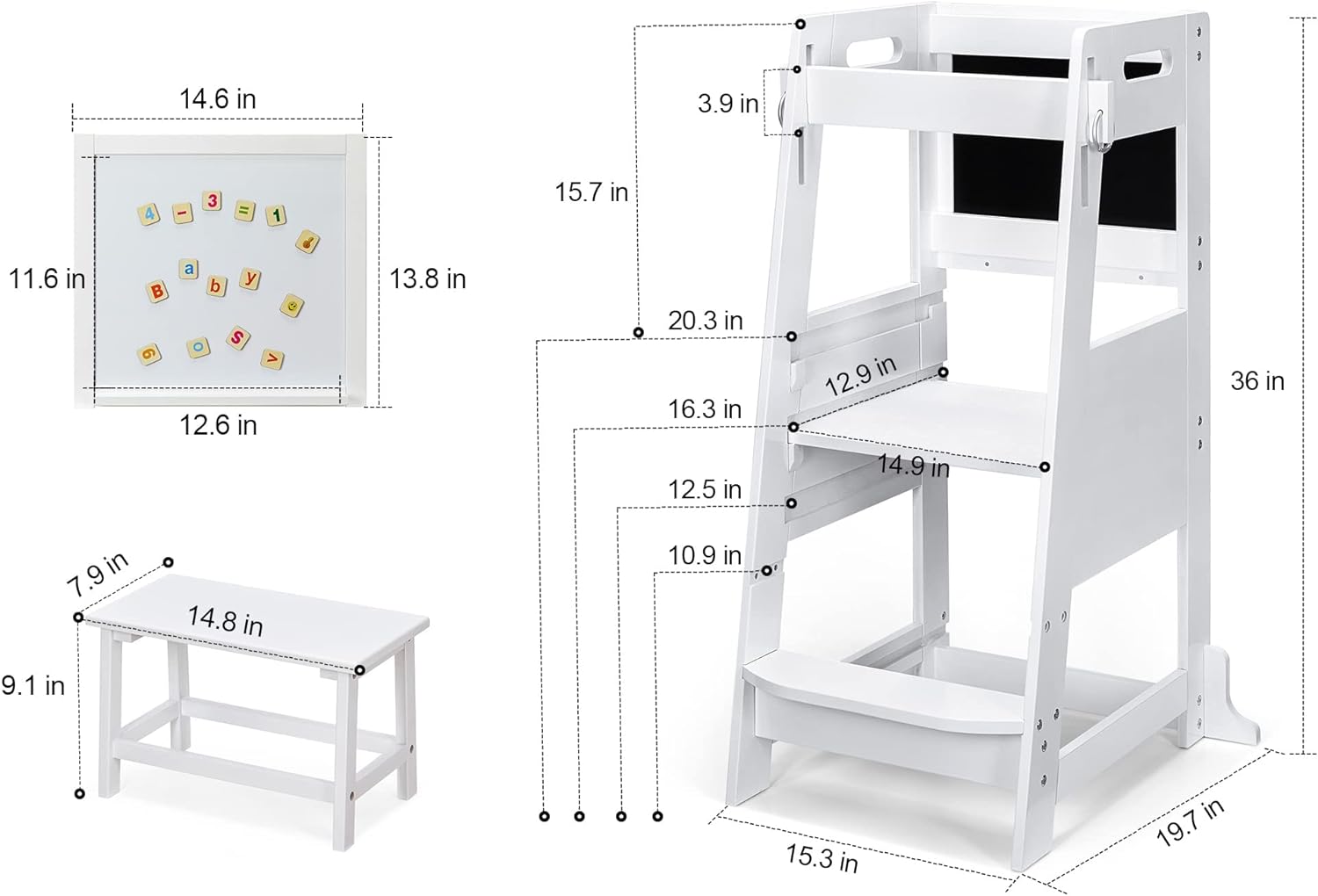 TOETOL. - Taburete de cocina de bambú para niños pequeños, color blanco, altura ajustable con protección antideslizante para el aprendizaje de mostrador de cocina de niños. - Image 4