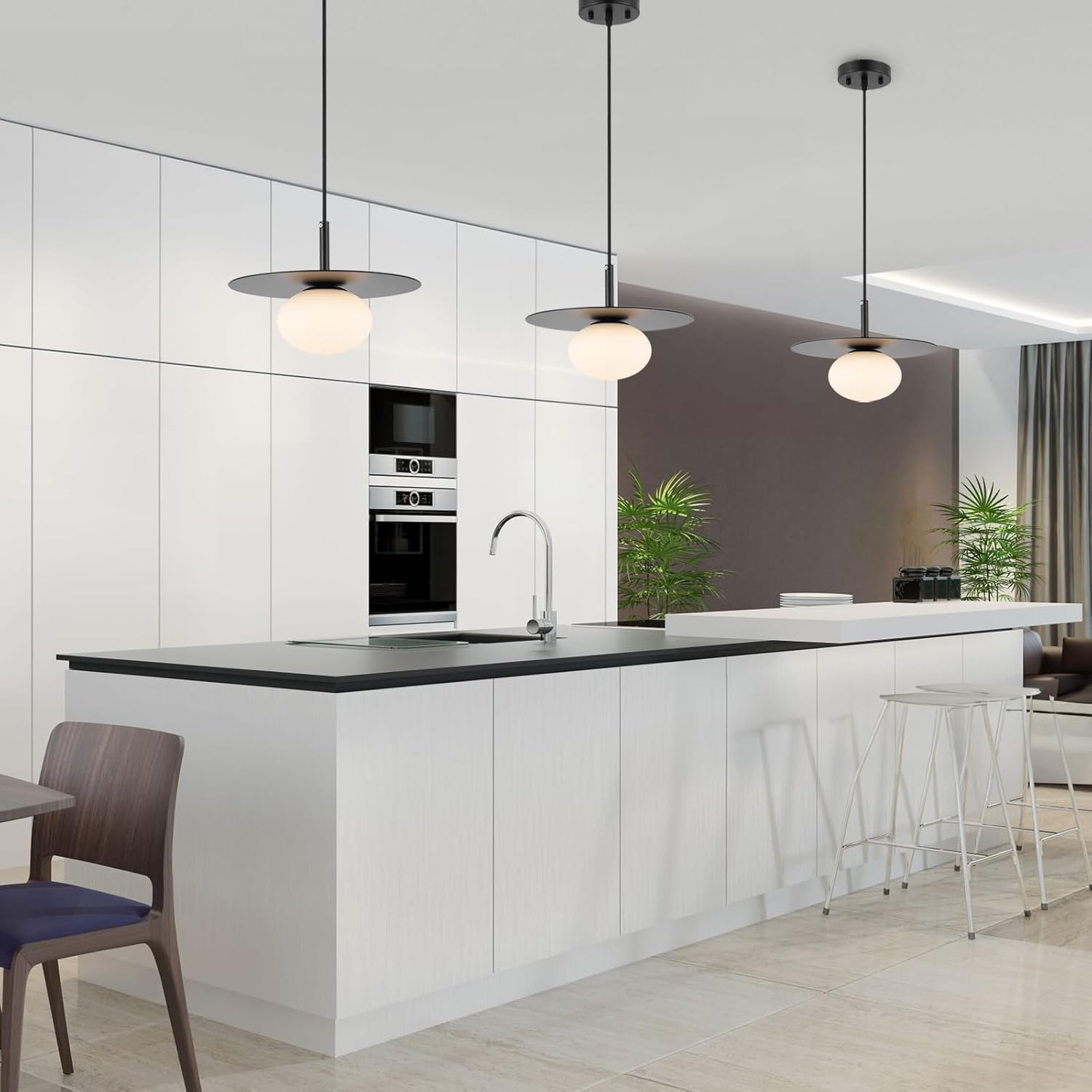 BYOLIIMA. Juego de 2 lámparas colgantes de globo moderno con pantalla de vidrio blanco lechoso negro mate, lámpara colgante de granja de 11.81 pulgadas, cúpula industrial colgante de techo. - Image 2