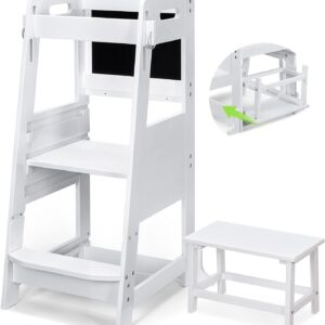 TOETOL. - Taburete de cocina de bambú para niños pequeños, color blanco, altura ajustable con protección antideslizante para el aprendizaje de mostrador de cocina de niños.