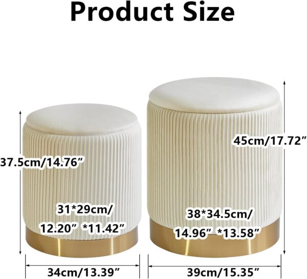 IBUYKE. 2 piezas otomanas de terciopelo con almacenamiento para recámara, color crema y redondo, otomana con base dorada, decoración del hogar, taburete tapizado suave, reposapiés acolchado, silla. - Image 4
