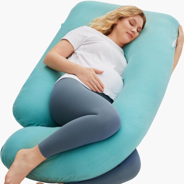 Momcozy Almohadas de embarazo en forma de U con funda extraíble de algodón, almohada de cuerpo completo de 57 pulgadas, soporte de maternidad, imprescindible para mujeres embarazadas, azul Tiffany.