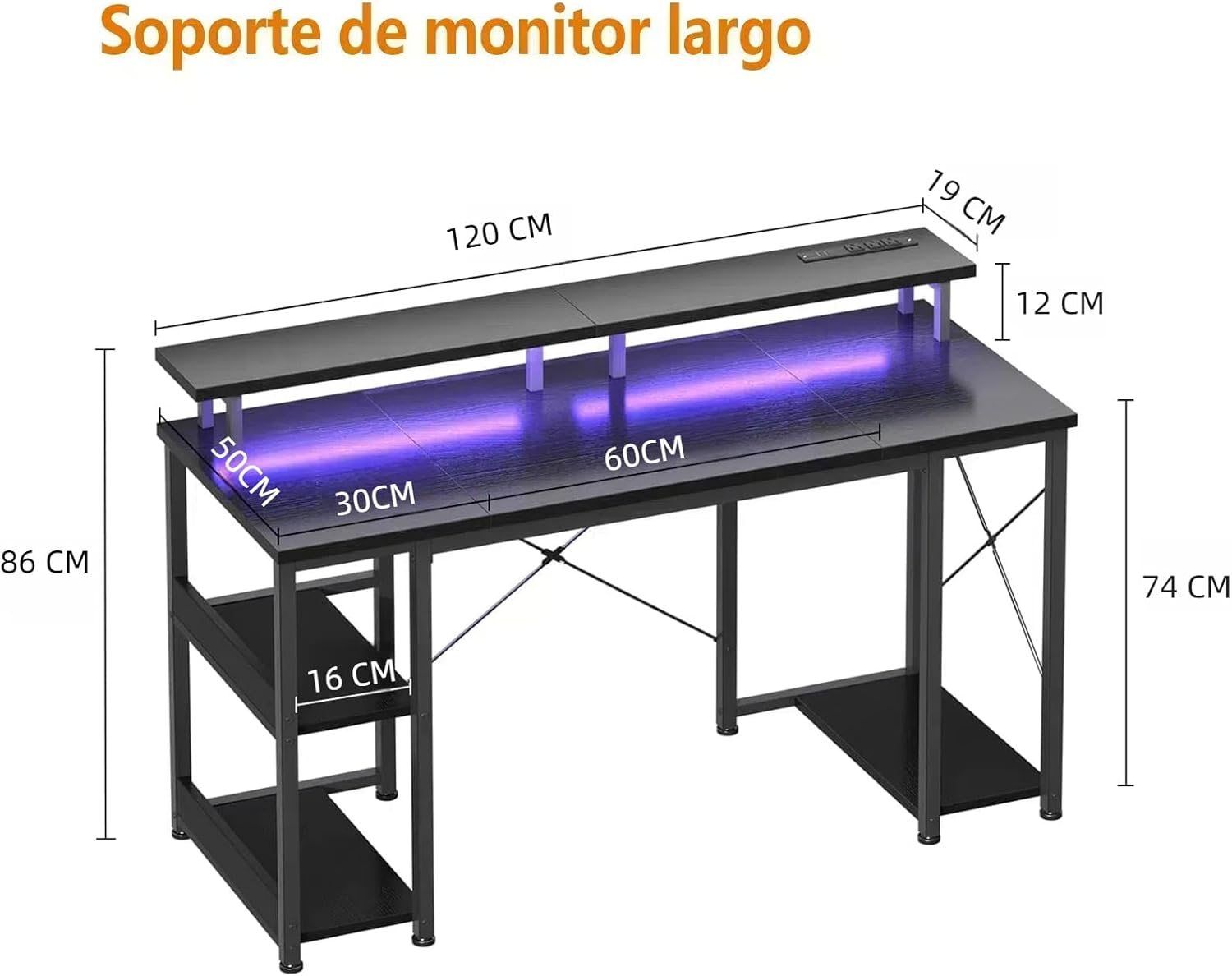 Lufeiya - Computadora de escritorio moderna de 55 pulgadas con estantes para monitor, soporte para juegos con luces LED, 3 cajones y 1 archivador, negro. - Image 3