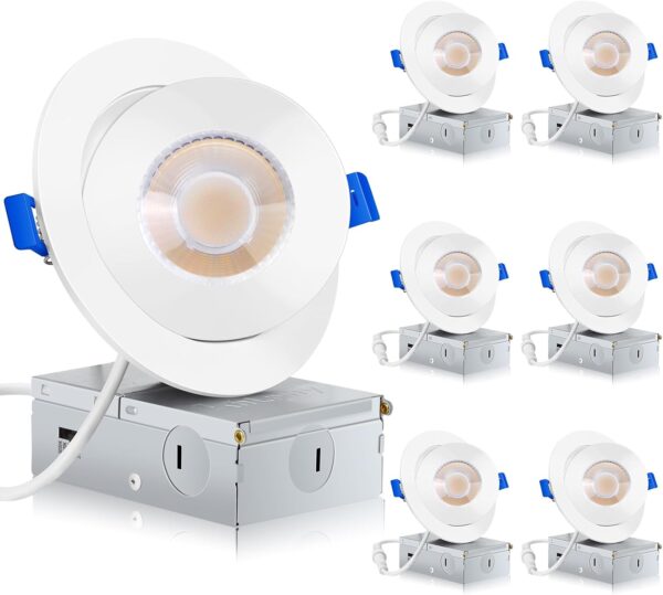 Gimbal - Iluminación empotrada de 4 pulgadas, paquete de 6 unidades, luz de techo ajustable, luces de globo ocular con caja de conexiones, 5 colores seleccionables, herméticos, 9 W 750.