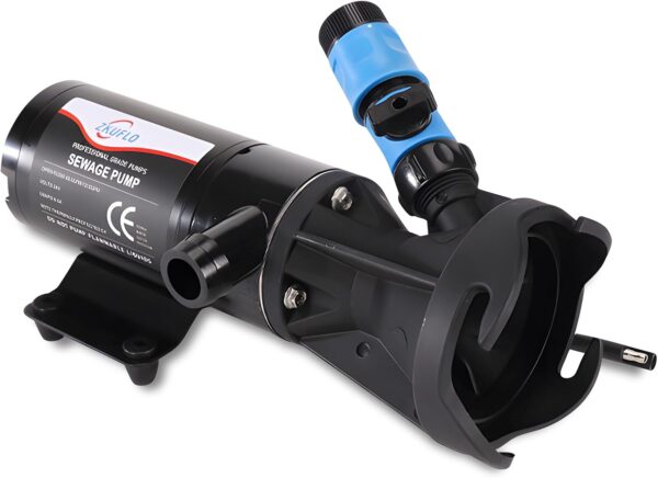 Bomba maceradora de 12 V CC 45 LPM, caravana eléctrica de residuos de inodoro marino con puerto de descarga de manguera de jardín, bomba de aguas residuales de liberación rápida con enjuague de agua.