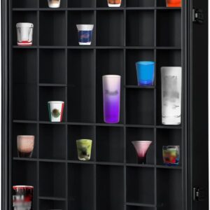Odjaraye. Vitrina de vidrio de chupito con 34 soportes para pared, organizador de vidrio de chupito con cerradura con 98% de protección UV y estante extraíble, color negro.