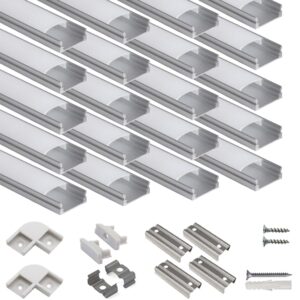 hunhun Paquete de 20 sistemas de canal de aluminio LED en forma de U de 3.3 pies/1 metro con cubierta lechosa, tapas de extremo y clips de montaje, perfil de aluminio para instalaciones de tira de luces LED, muy fácil instalación.