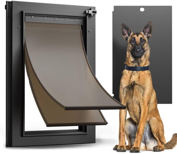 Puerta de aluminio para perro para puerta exterior, puerta grande para perros, puerta resistente para mascotas, doble solapa magnética, aislamiento térmico, eficiencia energética, panel de bloqueo.