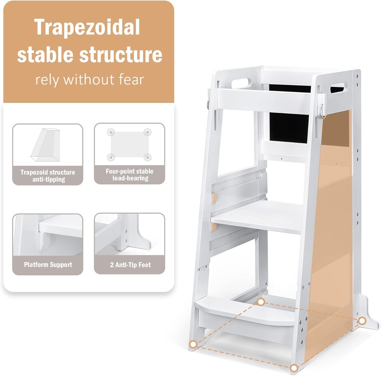 TOETOL. - Taburete de cocina de bambú para niños pequeños, color blanco, altura ajustable con protección antideslizante para el aprendizaje de mostrador de cocina de niños. - Image 3