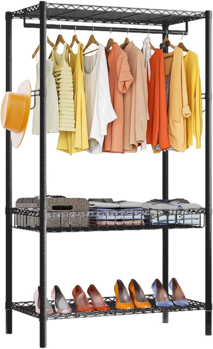 dainslef. Estante de ropa enrollable resistente de 3 niveles con varillas y ganchos laterales, estante de ropa de clóset con ruedas, chapado en cromo, 17.7 pulgadas de profundidad x 47.2 pulgadas. - Image 2