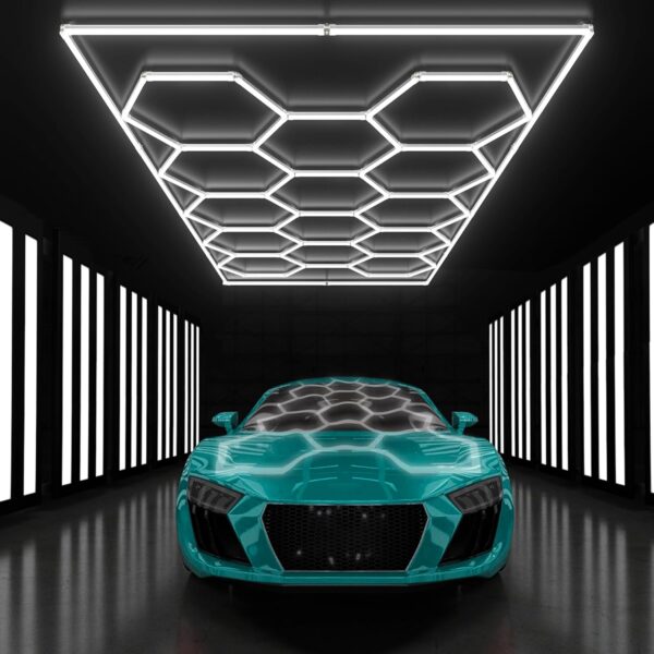 Luces LED hexagonales – Luces de garaje, 556 W 66720 lúmenes, luz blanca fría 6500 K, iluminación de techo para garaje, gimnasio, barbería.
