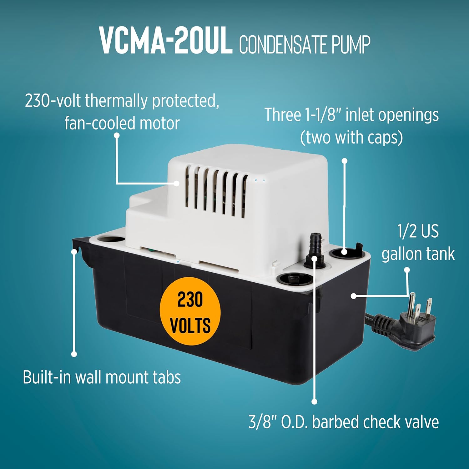 Little Giant. - Bomba automática de extracción de condensación VCMA-20UL de 230 voltios, 80 galones por hora y 1/30 Hp (sin interruptor de seguridad). - Image 2