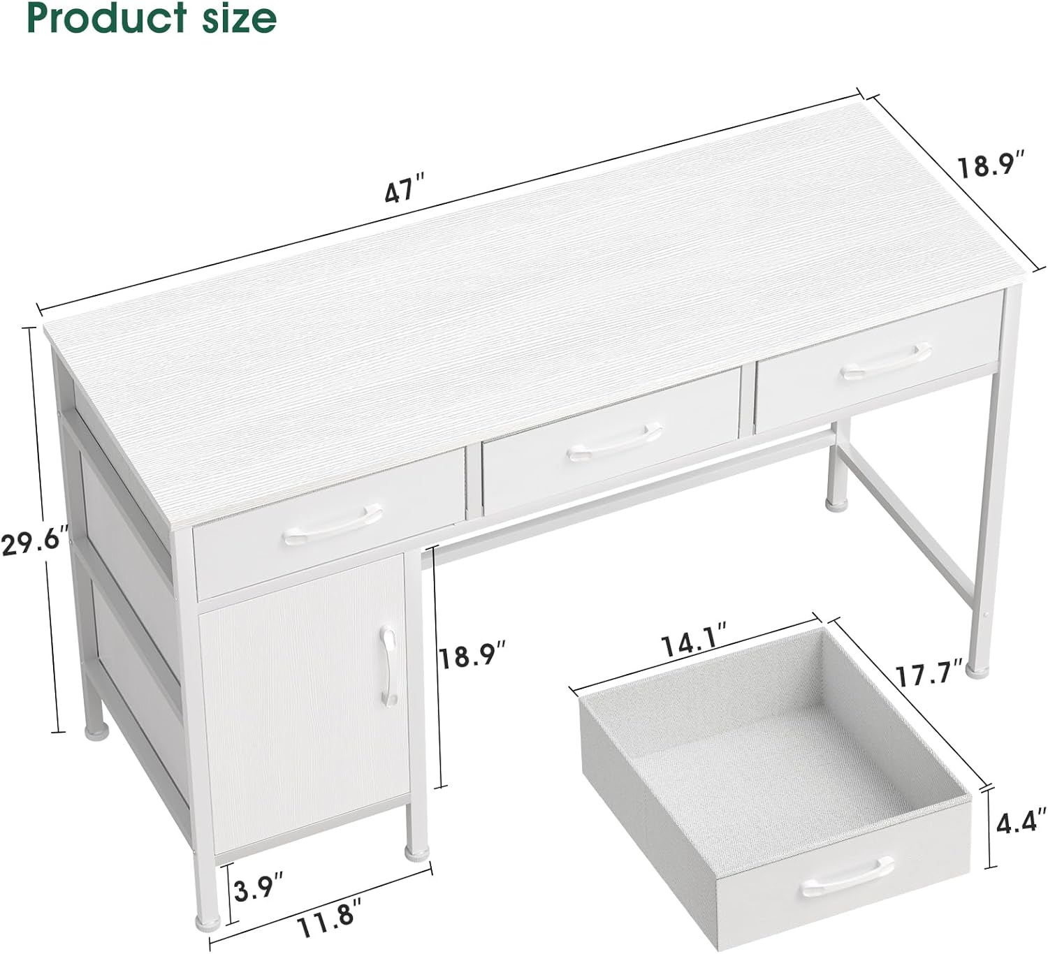 Korfile. computadora blanco de 47 pulgadas con clóset de almacenamiento y 3 cajones de tela, computadora de oficina en casa para escribir estudio, mesa de computadora con espacio de almacenamiento. - Image 4