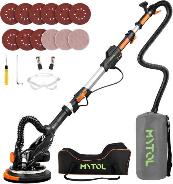 MYTOL Lijadora eléctrica para paneles de yeso con recogida de polvo al aspiradora, velocidad variable, luz LED, mango plegable, discos de lijado y rejillas.