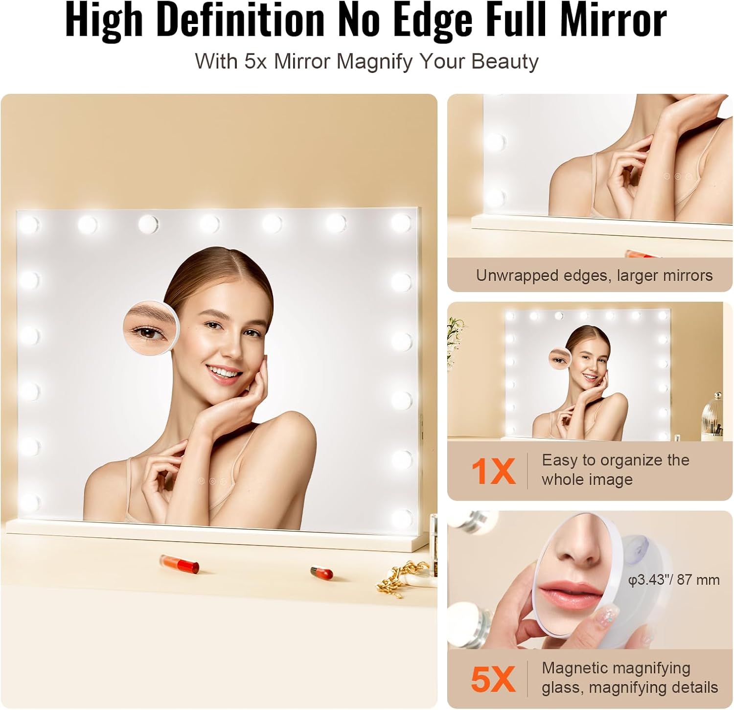 VEVOR. Espejo de tocador Hollywood con luces, bombillas regulables y 3 modos de iluminación de color, espejo de maquillaje con aumento 5X desmontable, puerto USB, control táctil inteligente. - Image 3