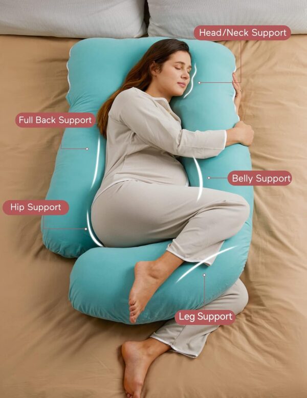 Momcozy. Almohadas de embarazo en forma de U con funda extraíble de algodón, almohada de cuerpo completo de 57 pulgadas, soporte de maternidad, imprescindible para mujeres embarazadas, azul Tiffany. - Image 2