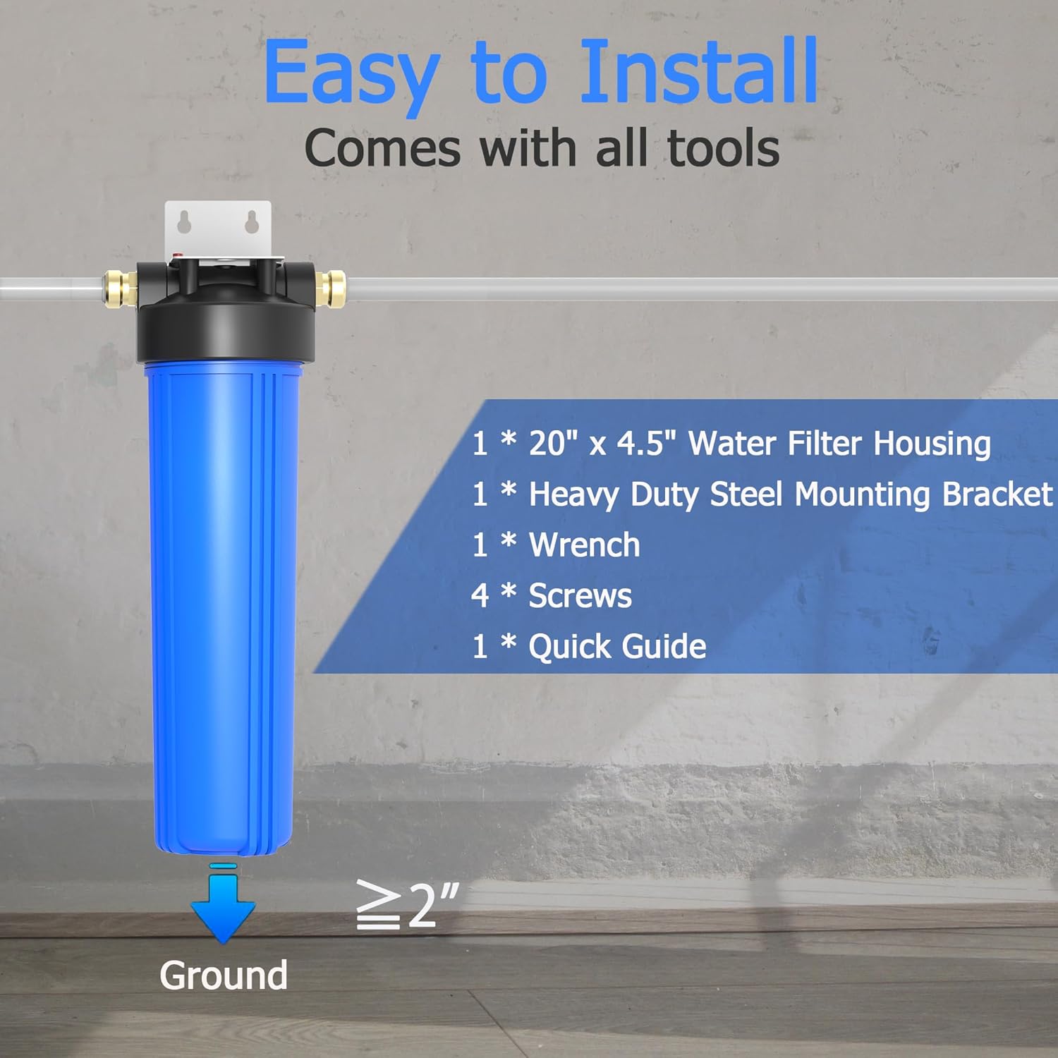 MewMore. WHB20 - Carcasa de filtro de agua para toda la casa de 20 x 4.5 pulgadas, filtros de sedimentos, etc. para agua de pozos y ciudades, sistema de prefiltración azul de filtro grande. - Image 3