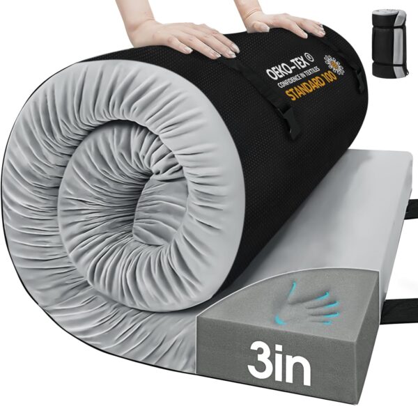 CYMULA Almohadilla de colchón de espuma viscoelástica de 3 pulgadas para campamento, colchón inferior antideslizante con colchón enrollable portátil para viajes, camión, cama de invitados.