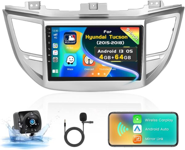 4+64G Inefala para Hyundai Tucson 2015-2018 Android 13 Radio de coche estéreo con unidad principal inalámbrica Carplay Android Auto Head, visualización táctil HD de 9 pulgadas, WiFi GPS BT5.0 FM/RDS.