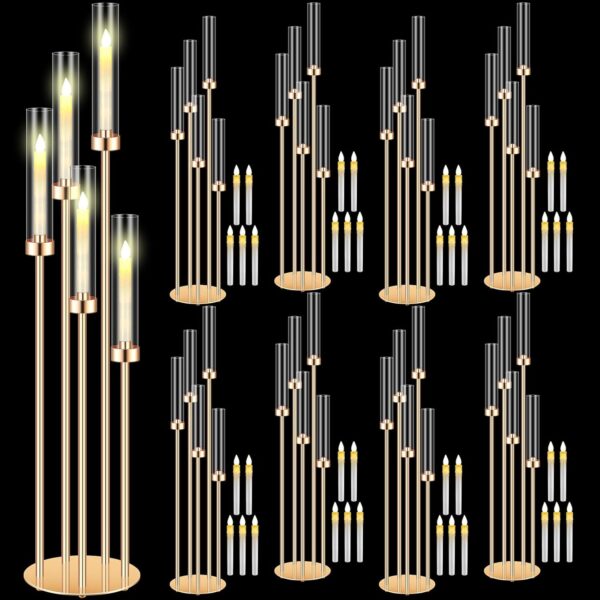 Tandefio 8 juegos de centros de mesa acrílicos de 42.5 pulgadas de alto, candelabros transparentes de pilar con pantallas de lámpara, 5 brazos para piso, candelabros para boda, Navidad, ceremonia.