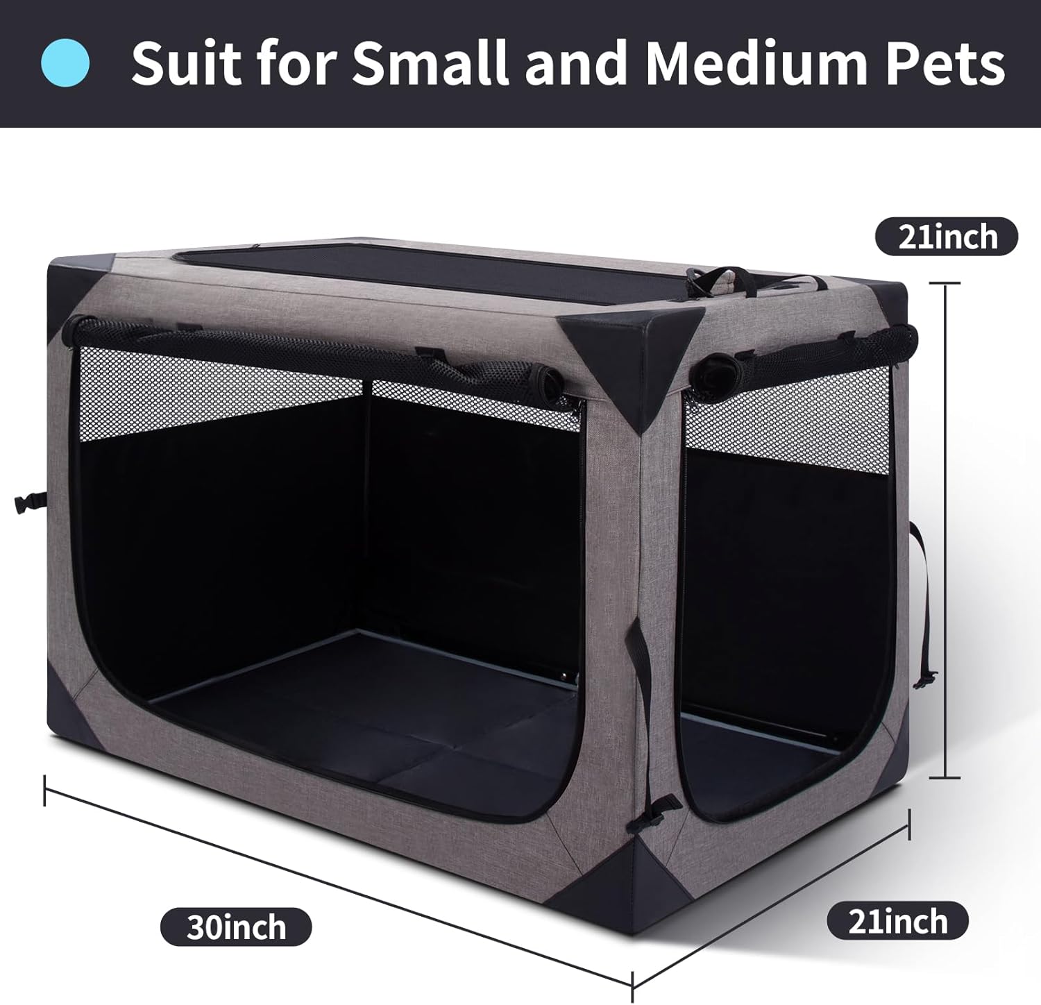 Outtsp. Jaula portátil de viaje para perros de 30 pulgadas, 3 puertas, plegable, suave, con ventanas de malla duraderas para perros medianos, jaula plegable con bolsillo de almacenamiento para exteriores. - Image 3