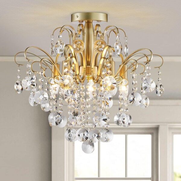 WUZUPS Lámpara de techo de cristal empotrada, lámpara de iluminación moderna para dormitorio, pasillo, bar, cocina, baño, 17.5 pulgadas de alto x 19.3 pulgadas de ancho, base E12, dorado.