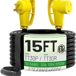 Lifesupplyusa. Cable de extensión RV de 15 pies de 30 amperios (TT-30P/L5-30R) con conector de bloqueo giratorio y mango de fácil agarre, 10/3 AWG 125 voltios, resistente - Listado ETL, STW.