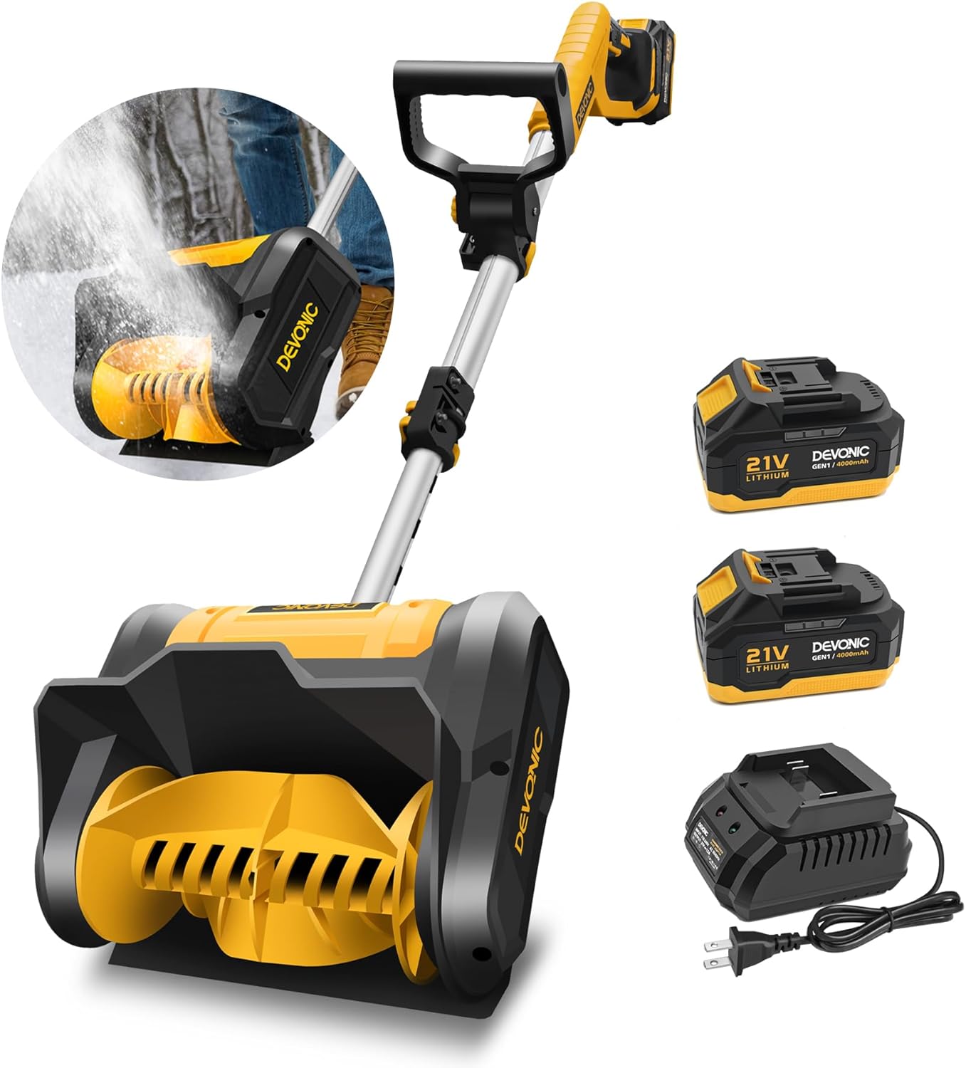 DEVONIC - Pala de nieve inalámbrica, 24 voltios, 13 pulgadas, 4-Ah, quitanieves con mango frontal ajustable y poste telescópico y 2 baterías. Ancho 6 pulgadas Profundidad, 12 pulgadas.