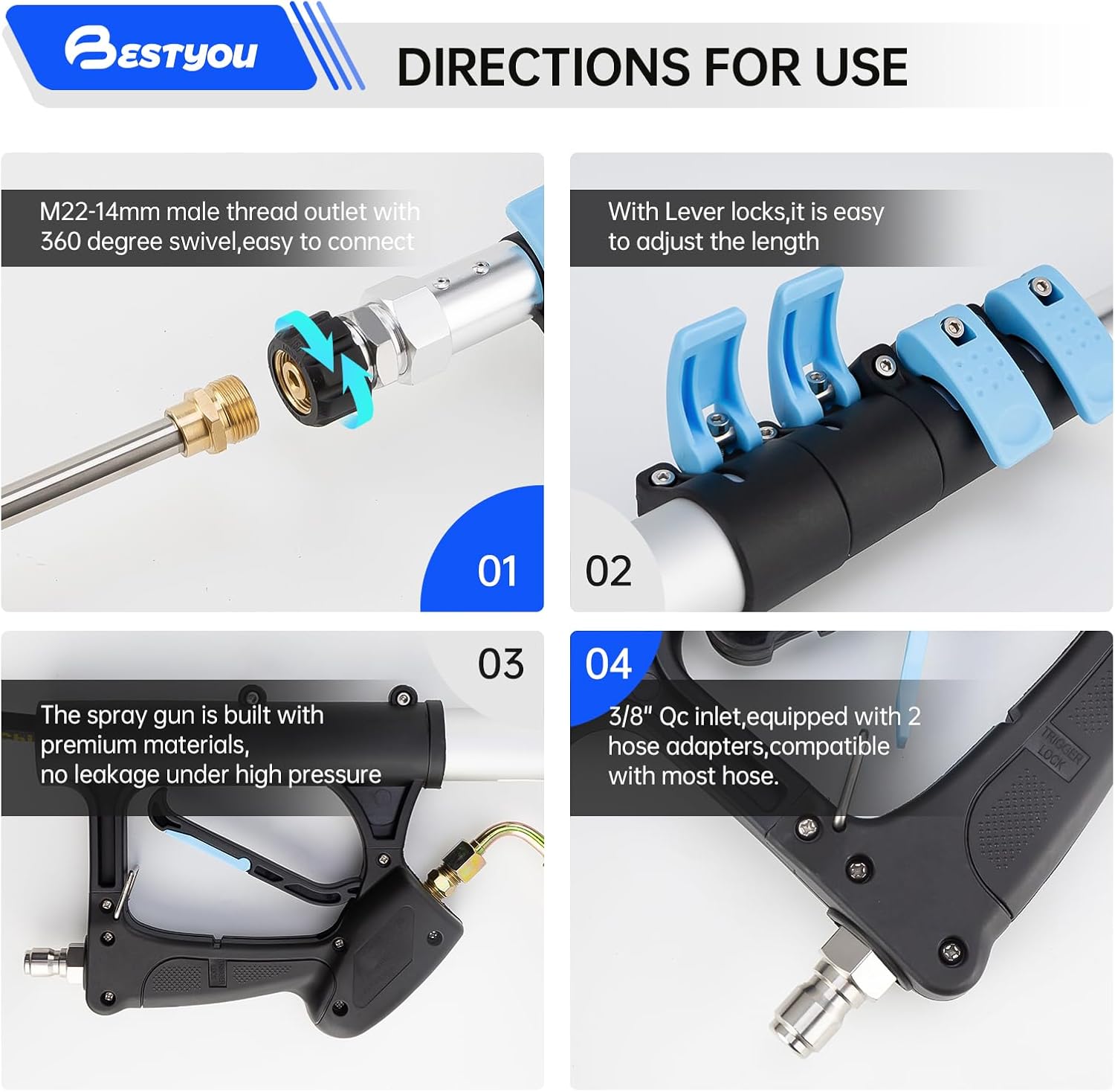 Varita telescópica para lavadora a presión de 24 pies con varita de extensión de lavadora a presión, herramienta limpiadora de canalones, 5 puntas de boquilla de pulverización, 2 adaptadores. - Image 6