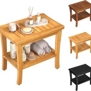 Greenual. Banco de ducha de teca con estante de almacenamiento, taburete de ducha para ducha interior, asiento de banco de ducha impermeable, silla de ducha para ducha interior, banco de madera.