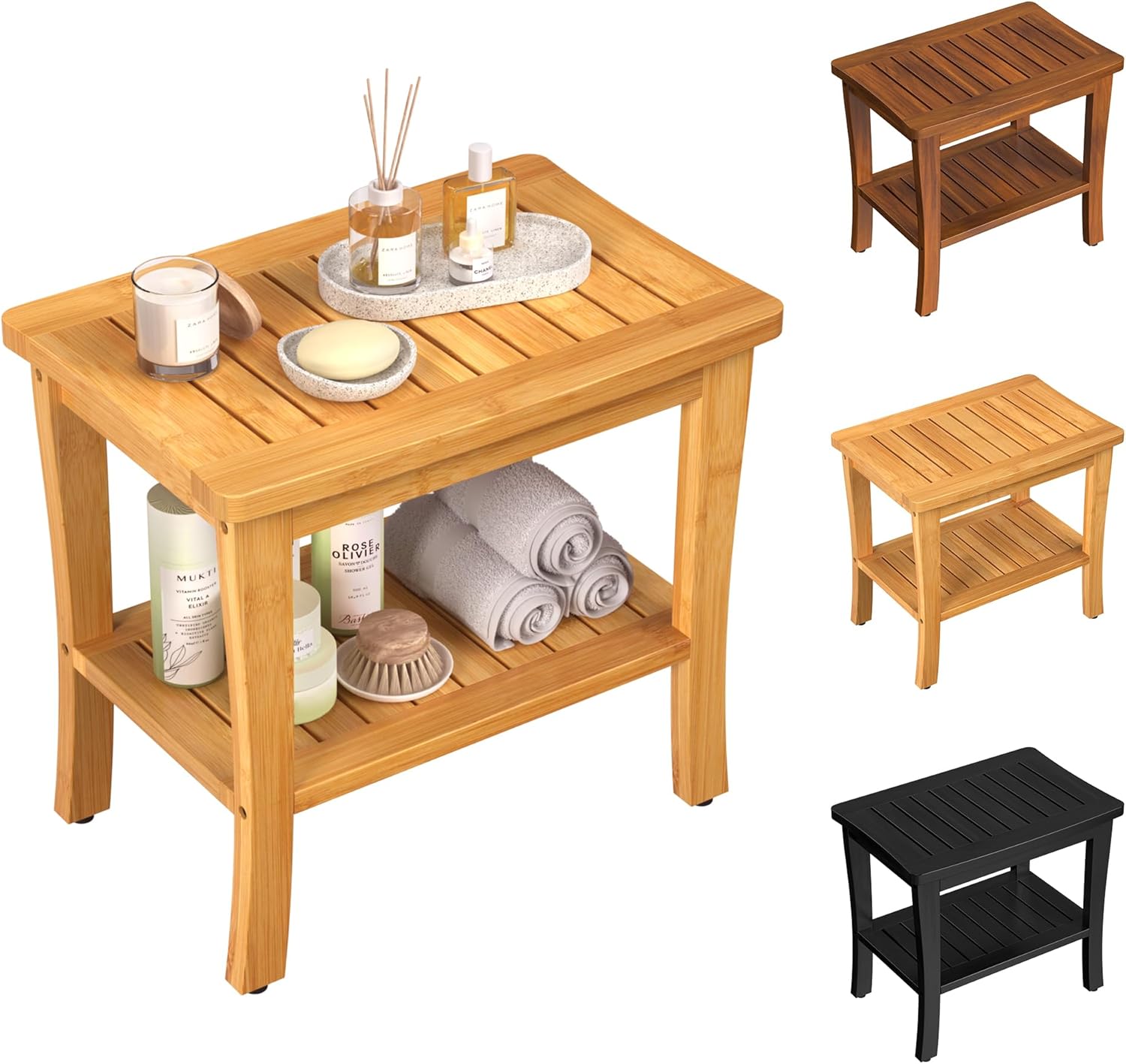 Greenual. Banco de ducha de teca con estante de almacenamiento, taburete de ducha para ducha interior, asiento de banco de ducha impermeable, silla de ducha para ducha interior, banco de madera.