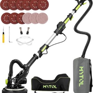 MYTOL. Lijadora eléctrica para paneles de yeso de 7,2 A con aspiración, luz LED, pantalla digital de 6 velocidades variables (900-1800 RPM), mango plegable y extensible, 9 discos de lijado y 3 lijas de rejilla.