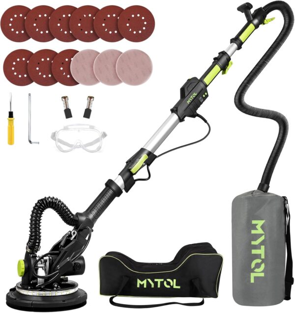 Lijadora eléctrica para paneles de yeso de 7,2 A con aspiración, luz LED, pantalla digital de 6 velocidades variables (900-1800 RPM), mango plegable y extensible, 9 discos de lijado y 3 lijas de rejilla.