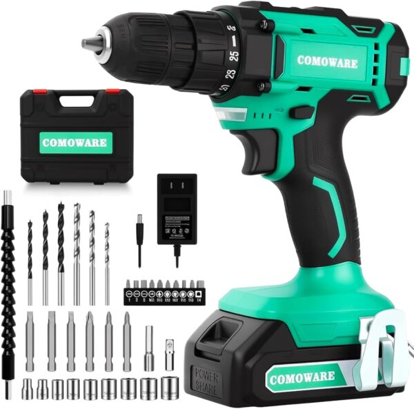 COMOWARE - Taladro inalámbrico de 20 V, juego de brocas eléctricas con 1 batería y cargador, portabrocas sin llave de 3/8 pulgadas, 2 velocidades variables, par de 266 en libras, posición 25+1 y 34.