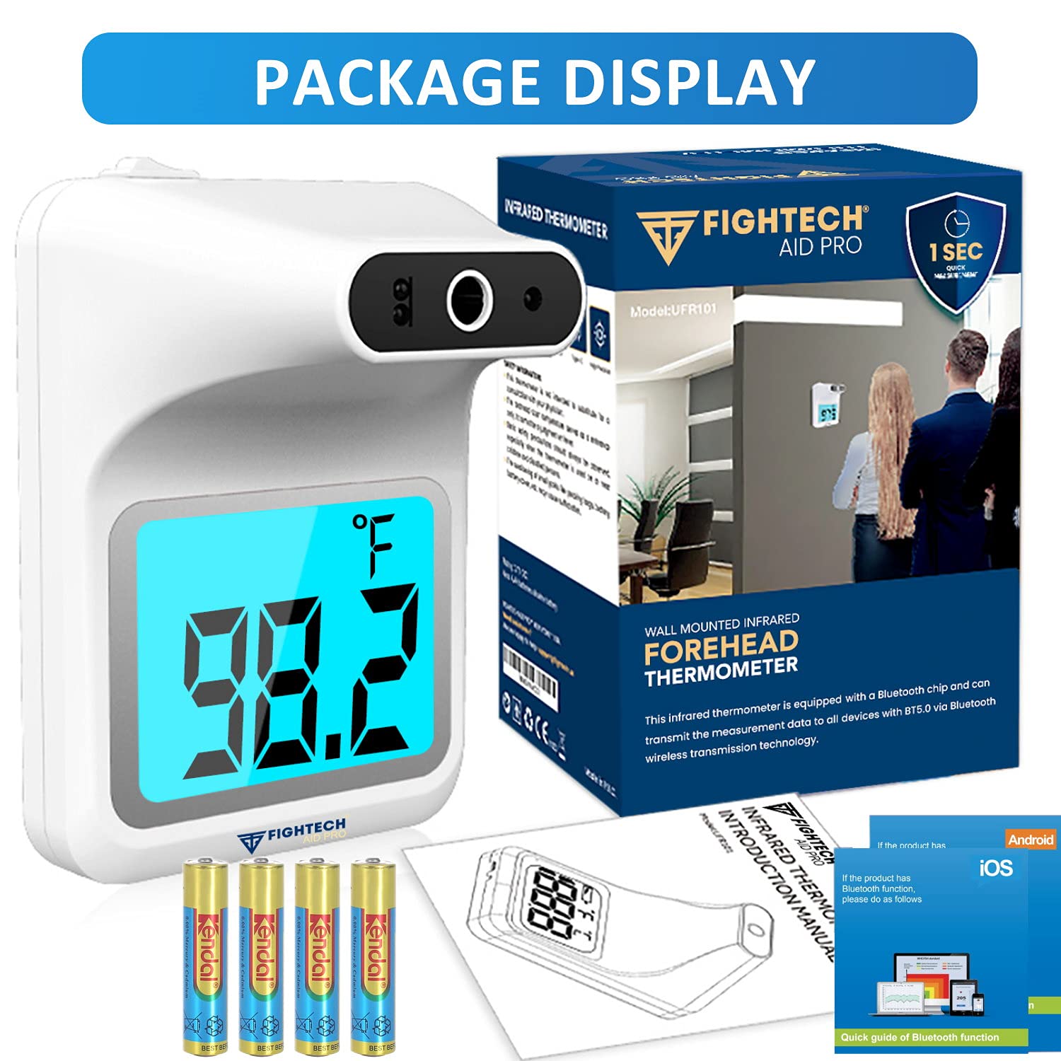 FIGHTECH. Termómetro de pared 2021 con soporte | Termómetro infrarrojo montado en la frente con trípode | Detector de temperatura digital Bluetooth sin contacto de lectura instantánea | Pilas incluidas (blanco). - Image 2