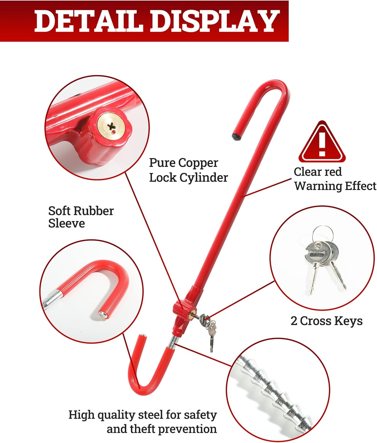 ESEWALAS - Cerradura de freno antirrobo para volante, rojo, cerradura de llave, ajustable, 21-30 pulgadas. - Image 5