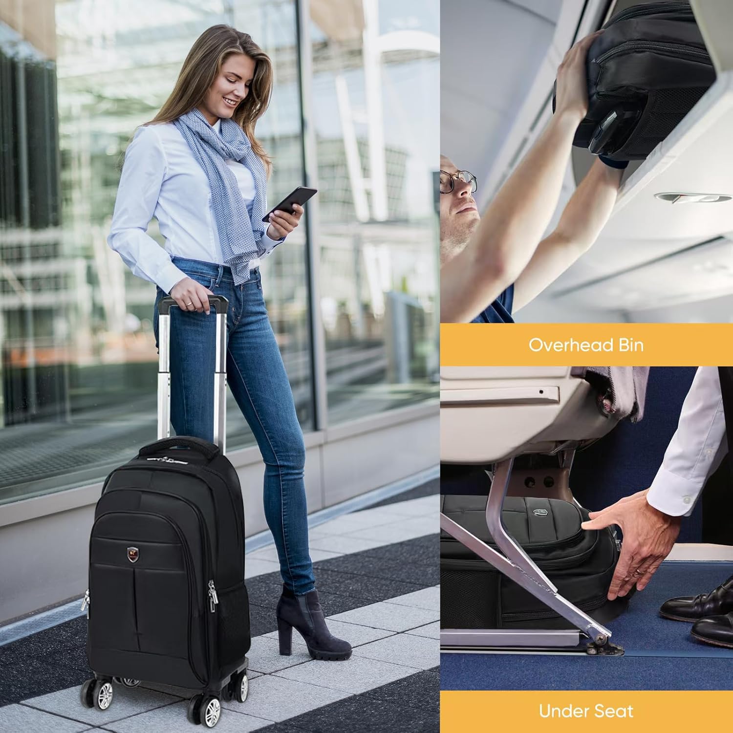 Diwolor. Mochila de viaje con asa desmontable de 35 l con ruedas aprobada por aerolíneas, ajuste giratorio de 360 °, mochila universitaria para portátil de 15.6 pulgadas con 4 ruedas. - Image 3