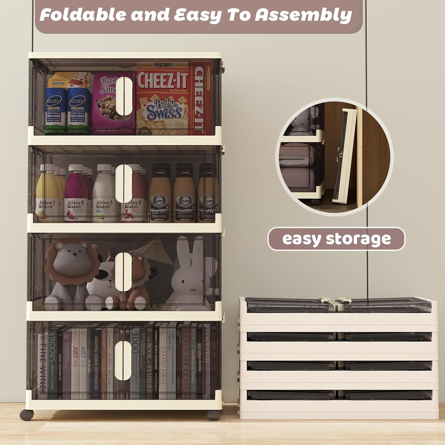 KHNR . Contenedores de almacenamiento de plástico de 78 cuartos con tapas, 4 paquetes plegables con ruedas y puerta, organizadores apilables de clóset para juguetes, ropa, hogar. - Image 3