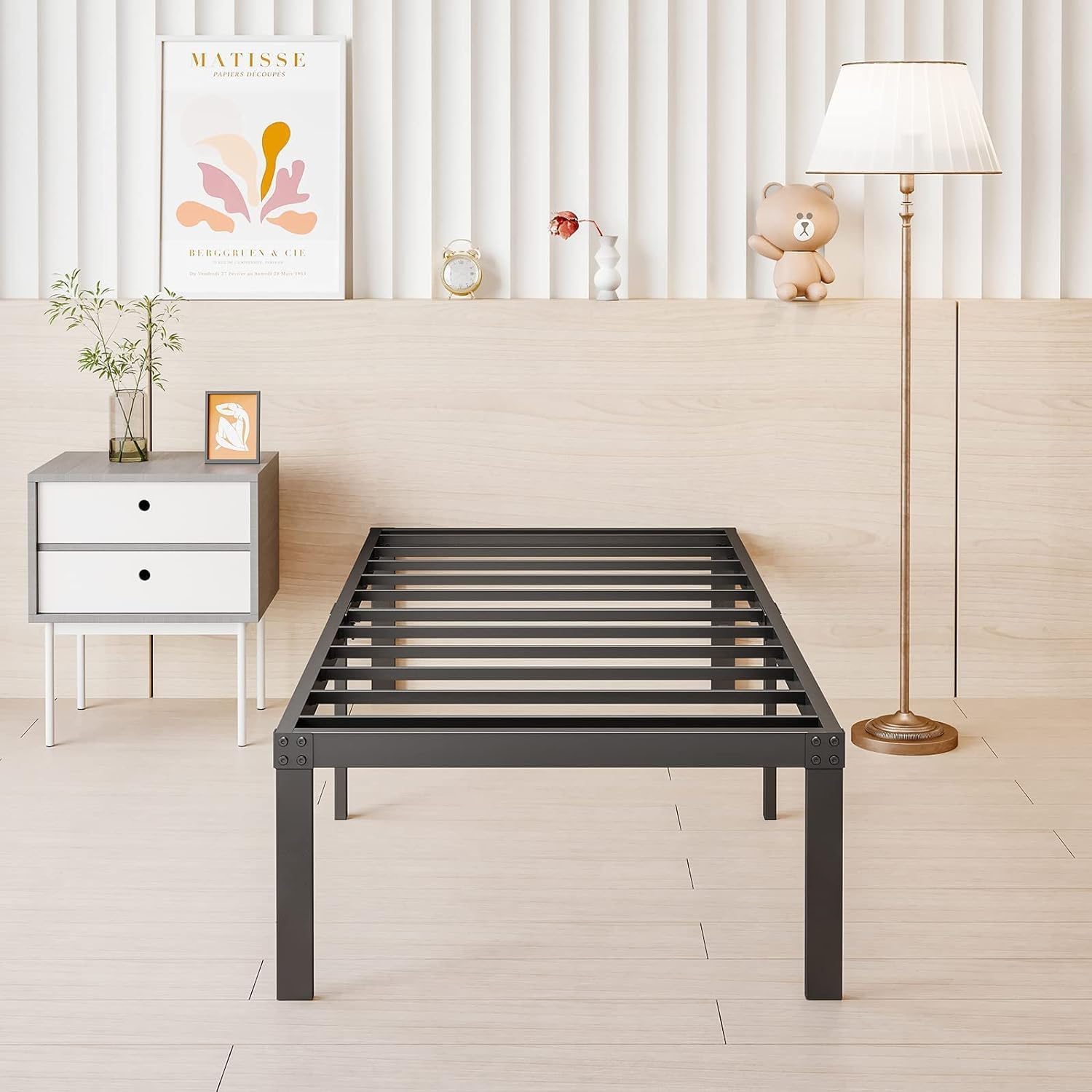 Genérica. Base de cama de plataforma de metal de 18 pulgadas de alto, no necesita somier, cama de tamaño individual con listones de soporte fuertes resistentes, fácil de montar. - Image 3