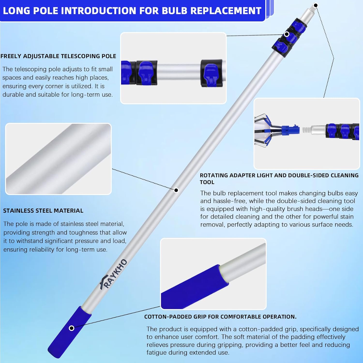 RAYKHO. Cambiador de foco de poste de extensión de 13 pies con cestas y ventosa, ideal para techos altos y luces empotradas, herramienta de extracción de bombillas para el hogar y camping, incluye cepillo. - Image 4