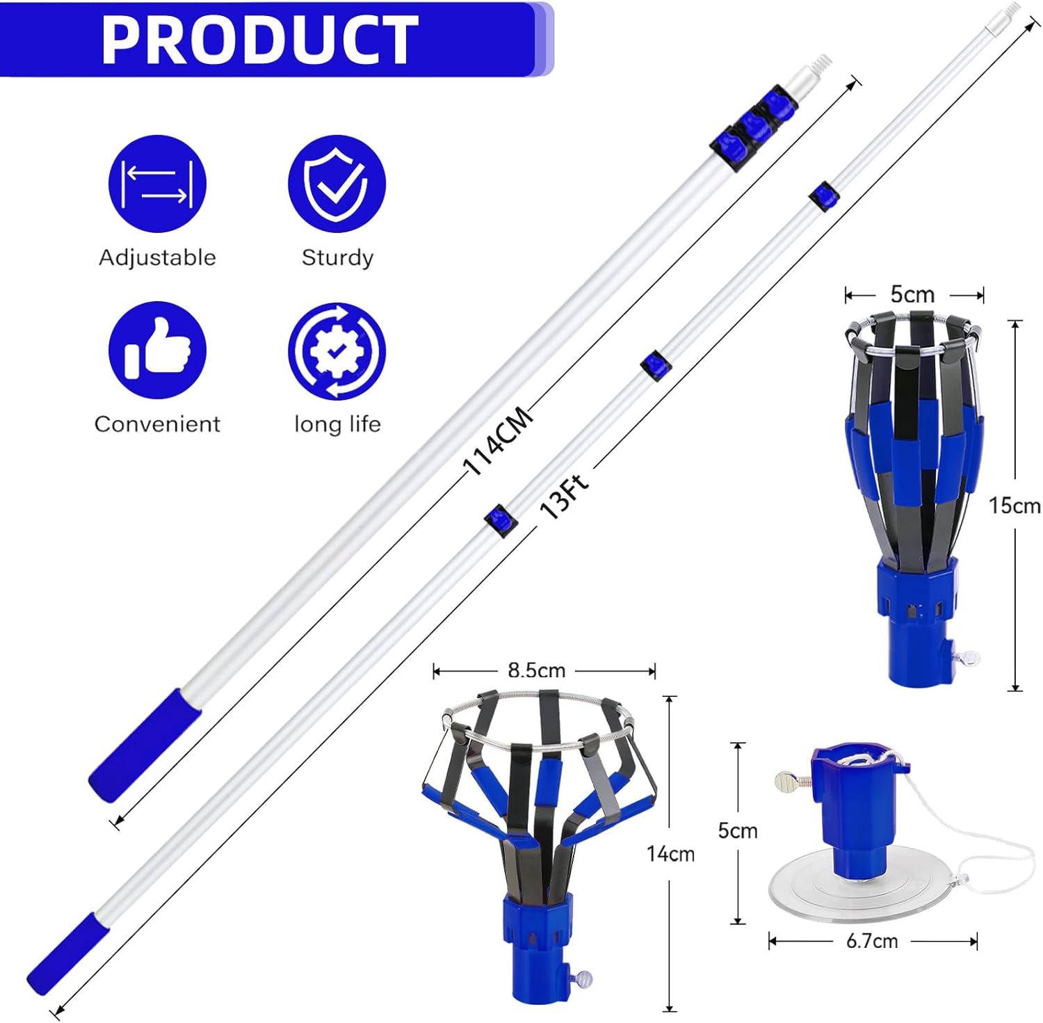 RAYKHO. Cambiador de foco de poste de extensión de 13 pies con cestas y ventosa, ideal para techos altos y luces empotradas, herramienta de extracción de bombillas para el hogar y camping, incluye cepillo. - Image 3