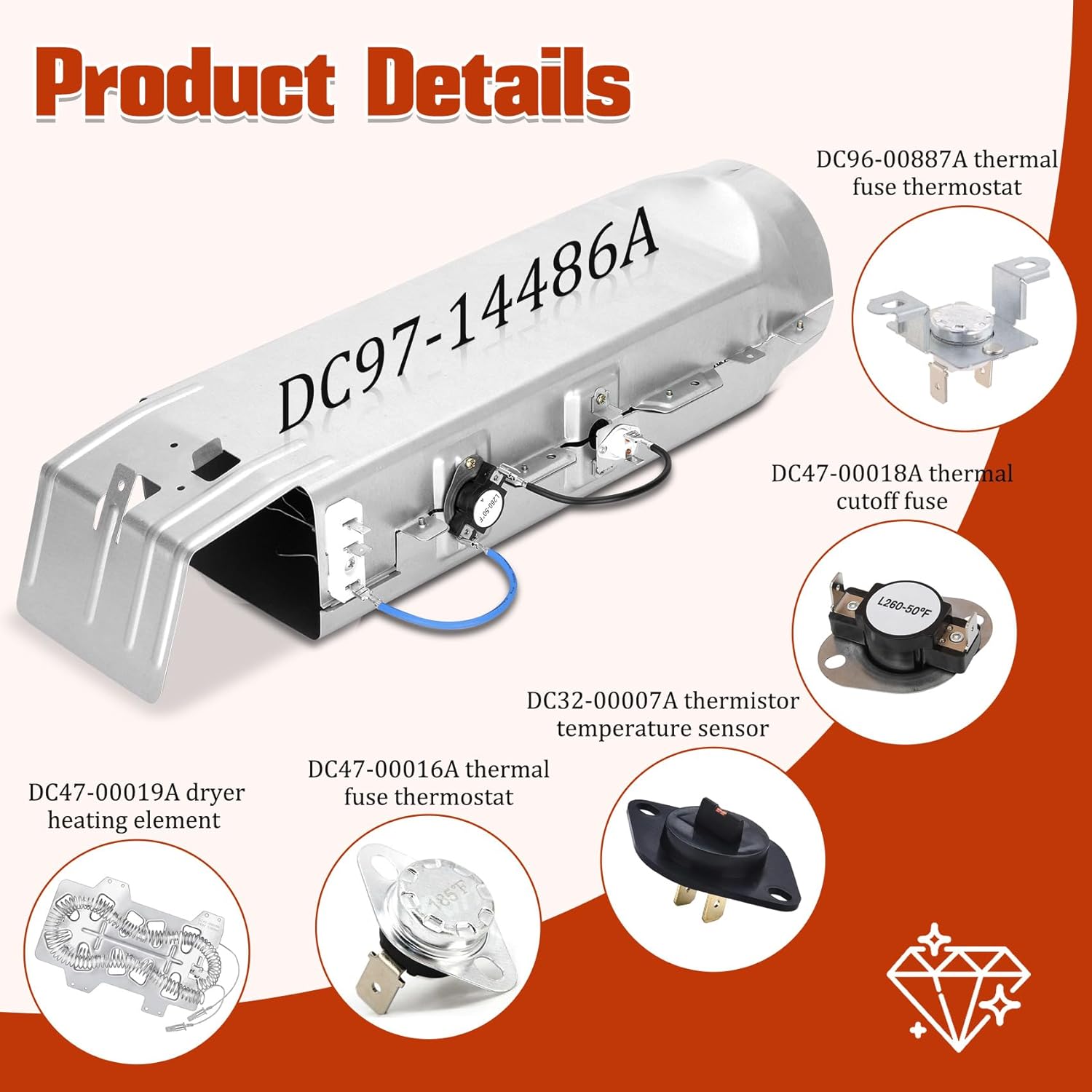 M Motico DC47-00019A - Elemento calefactor para secadora Samsung, compatible con DV45H7000EW/A2 DV40J3000EW/A2 DV42H5000EW/A3 DV42H5200EP/A3 DV210AEW/XAA DV42H5200EP/A3-366 5 DDAYYYYY (DC97-14486A). - Image 2