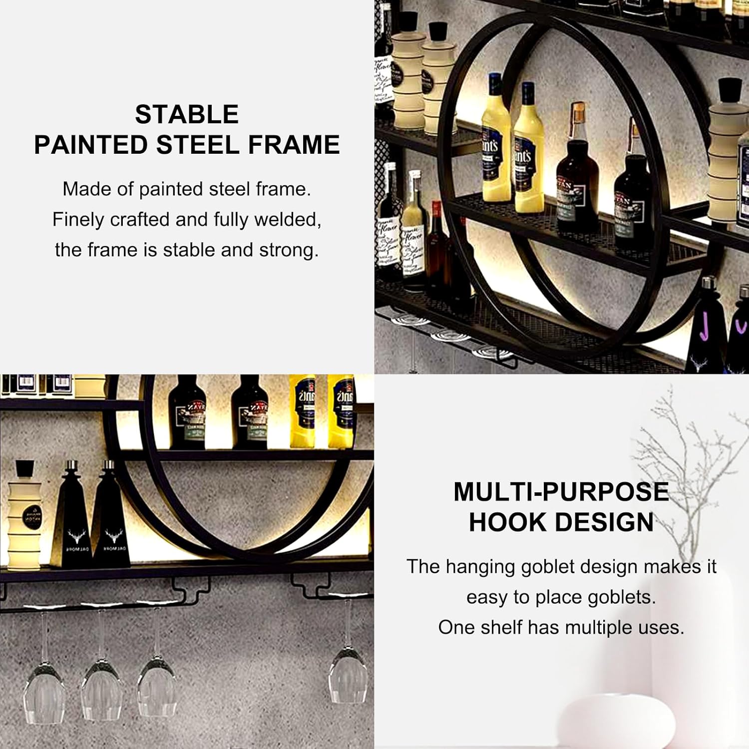 Hothingwell. Estante de metal para vino montado en la pared, soporte para botellas de vidrio, estante flotante para exhibición de vino, estante de licor de hierro para el hogar, restaurante. - Image 3