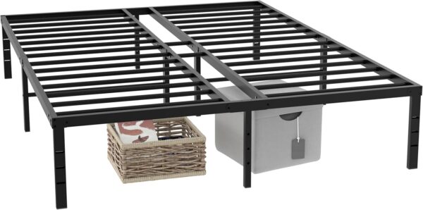 Marco de cama de plataforma de metal de tamaño matrimonial de 18 pulgadas con soporte de listones de acero, no necesita somier, marco de cama negro.