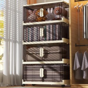 KHNR . Contenedores de almacenamiento de plástico de 78 cuartos con tapas, 4 paquetes plegables con ruedas y puerta, organizadores apilables de clóset para juguetes, ropa, hogar.