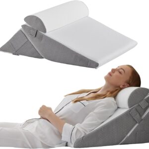 Bedluxe. Juego de 3 almohadas ortopédicas de cuña, triangular, plegable, de 9 y 12 pulgadas, para cama, posoperatorio de espalda, piernas y rodillas, dormir, reflujo ácido, ronquidos, blanco/gris.
