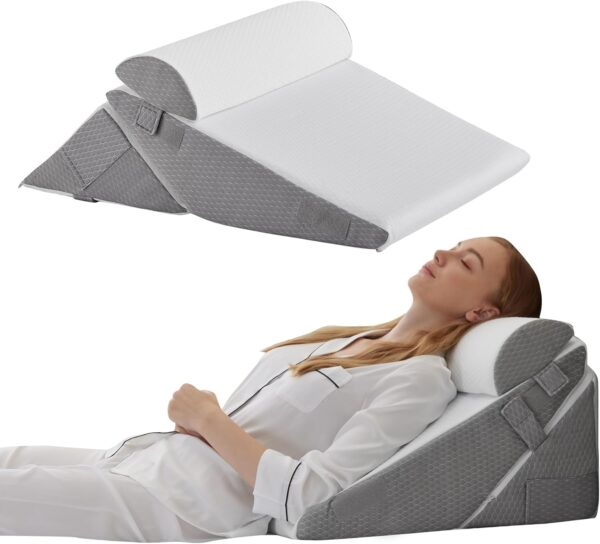Juego de 3 almohadas ortopédicas de cuña, triangular, plegable, de 9 y 12 pulgadas, para cama, posoperatorio de espalda, piernas y rodillas, dormir, reflujo ácido, ronquidos, blanco/gris.